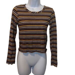 Pinc Y2K Brown Yellow Stripe Long Sleeve Crewneck Ribbed Crop Top‎ Large Grunge